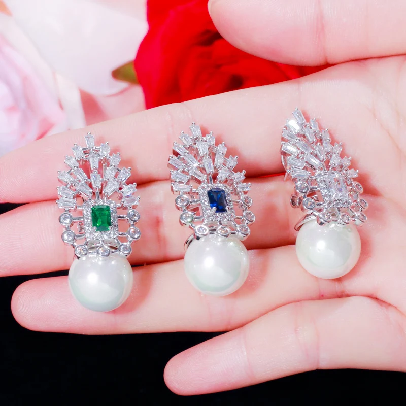 CWWZircons Роскошные серьги с большим круглым жемчугом в форме капель с кубическим цирконием для женщин, украшения для свадебной вечеринки CZ614