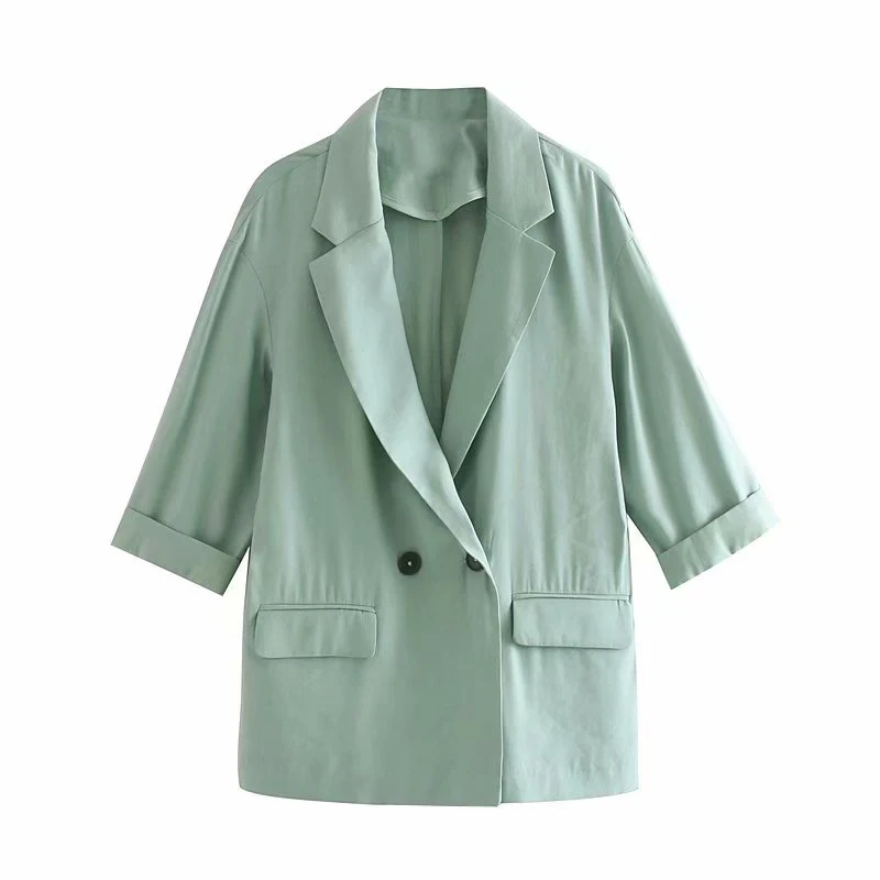 

Light Green Fold Suit Vintage Women Jacket Autumn Casual Wear Wild Female Thin Suits Loose Slim Seven-quarter Sleeve Coat Cotton