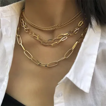 

Multilayered Chunky Chain Choker Necklace Statement Jewelry Hip Hop Steampunk Punk Gold Color Curb Chain Necklace for Women