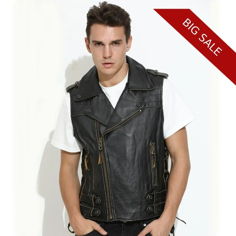 

2020 Vintage Black Men Slim Fit Leather Vest Large Size XXXXL Genuine Cowhide Autumn Short Biker's Leather Vest
