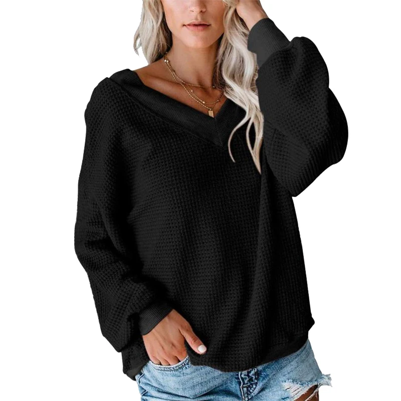 Fanshion Новые Женские однотонные футболки с v-образным вырезом вафельные топы футболки с длинными рукавами свободные повседневные топы - Цвет: Черный