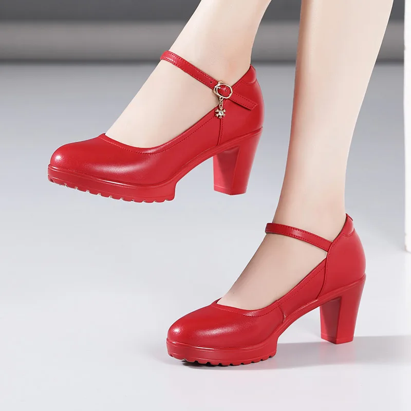 Cowhide Women's High Heel Shoes With Heels Platform Mary Jane Shoes Women Pumps Office Work Shoe Women's Wedding Shoes 32-43 5