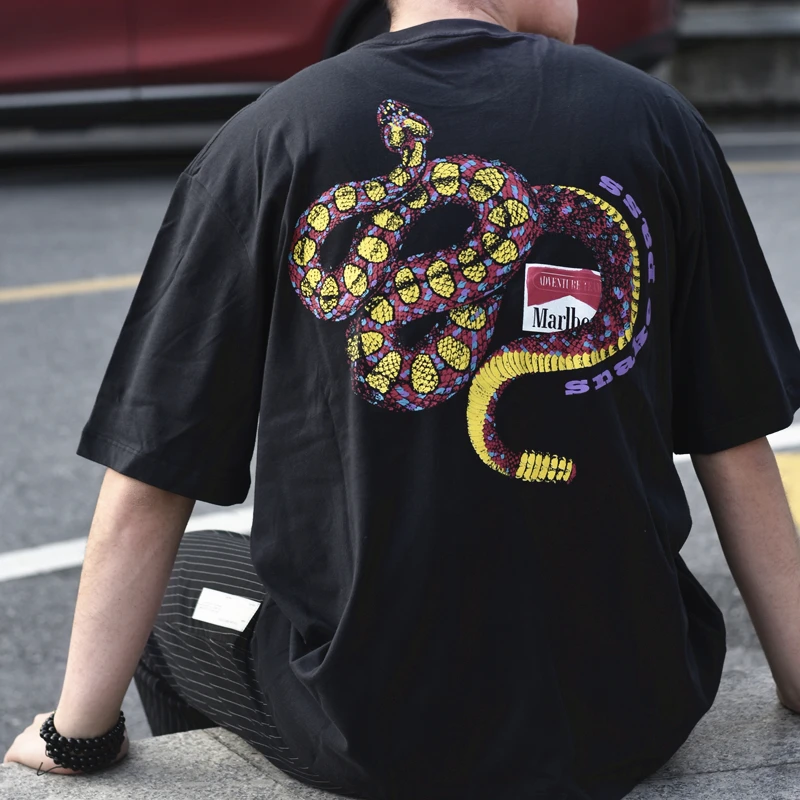 

Front Pockets Bag Tshirts Streetwear Men 2019 Summer Hip Hop Casual Swag Tops Rattlesnake Tees Male Harajuku Short Sleeve TShirt