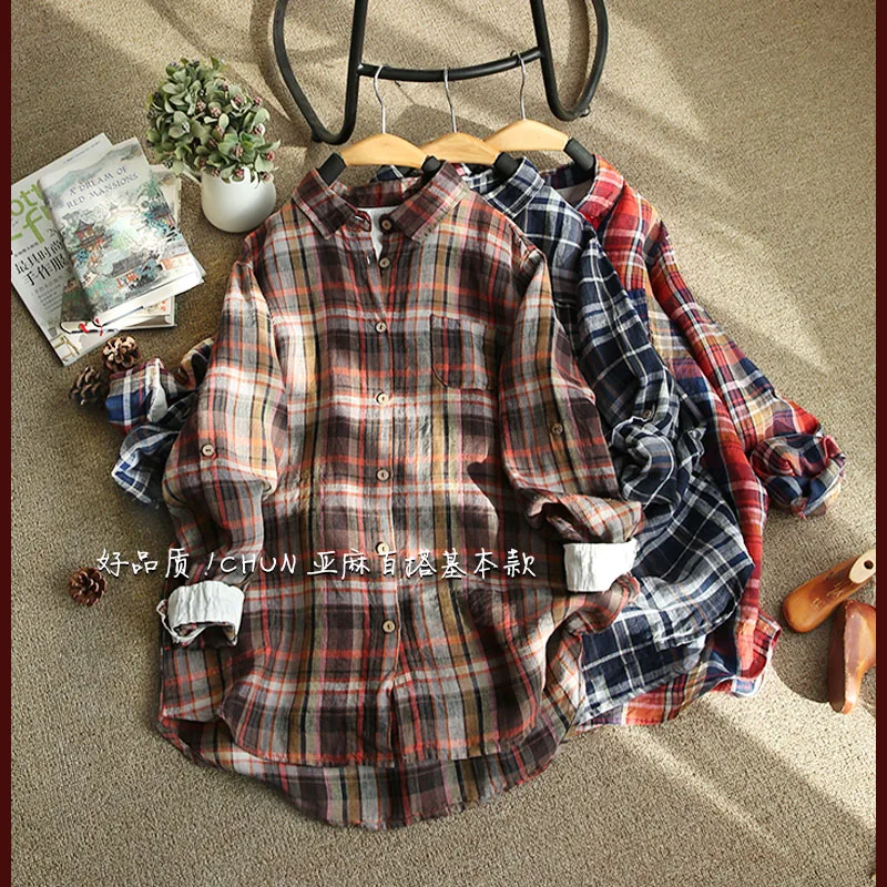 Весенне-осенняя Женская Повседневная льняная рубашка в клетку, стиль, рубашка с длинными рукавами