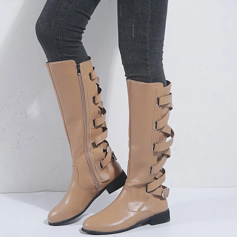 

Concise Leisure Autumn Winter Knee High Boots for Women Cross-tied Zip Solid Autumn Boots Low Round Toe Big Size Shoes