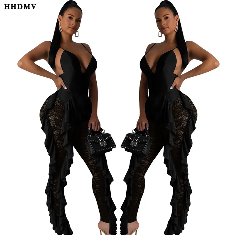 HHDMV GYD18113 sexy high street style jumpsuits sleeveless cross condole belt lace ruffles hollow out jumpsuits long pants