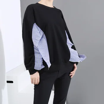 

XUXI 2020 Spring Loose Fit Black Striped Pleated Split Sweatshirt New Round Neck Long Sleeve Women Big Size Fashion Tide FZ0310