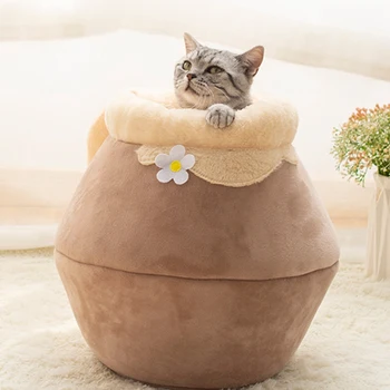 

HLZS-Honey Pot Cat House with Milk Pad Foldable Closed Cat Cave Creative Winter Thick Sleeping Bag Warm Comfortable Kitty Pet So