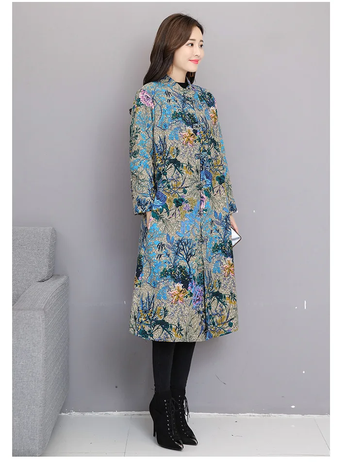 Photo Shoot Autumn And Winter New Style Large Size Retro Printed Cotton Linen Brushed And Thick Frog Hat Mid-length Coat