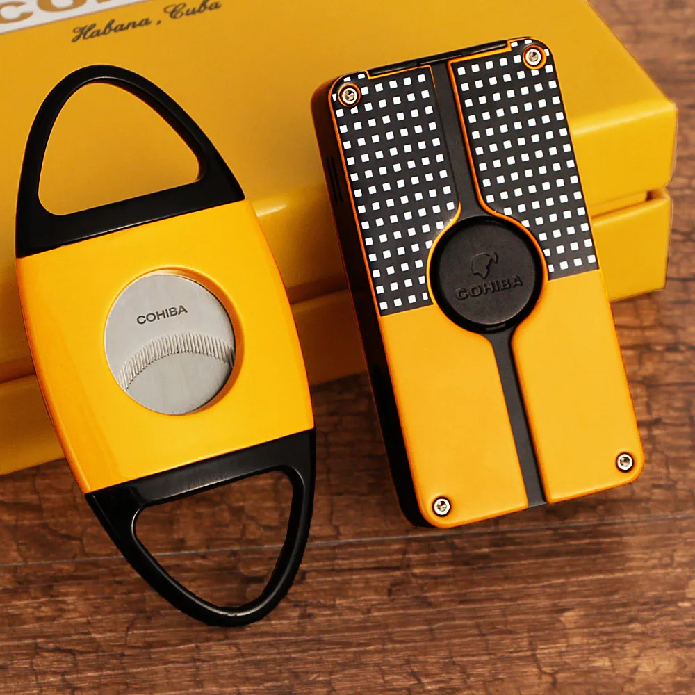 

COHIBA Cigar Cutter Lighter Set Portable Cigar Accessories Set Stainless Steel Cigar Cutter Metal Gas Torch Lighters Smoke
