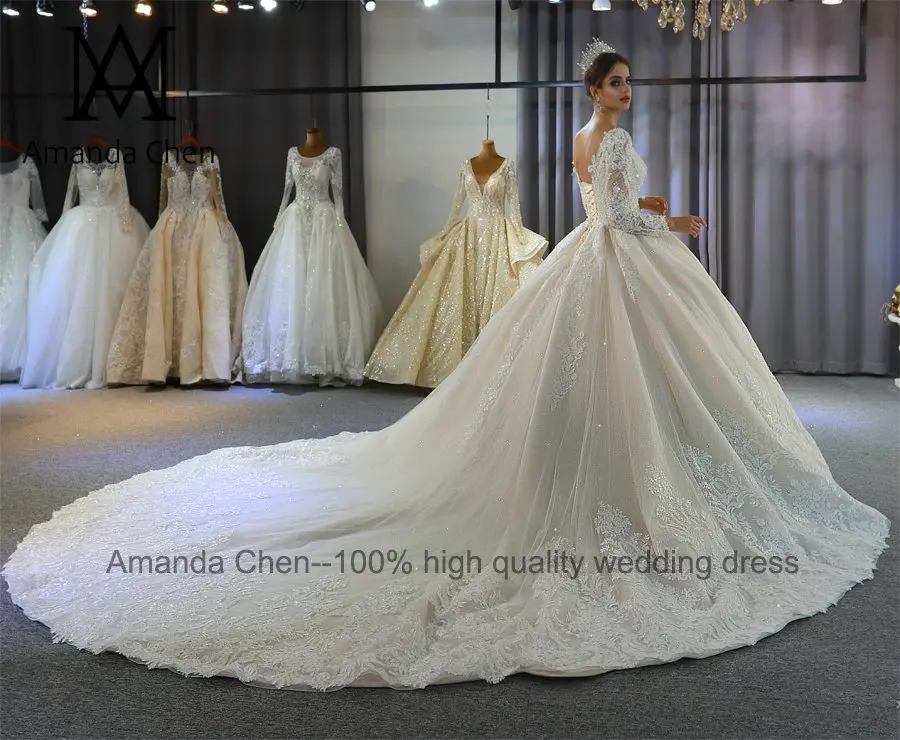 Robe de mariage длинный рукав кружева аппликация свадебное платье