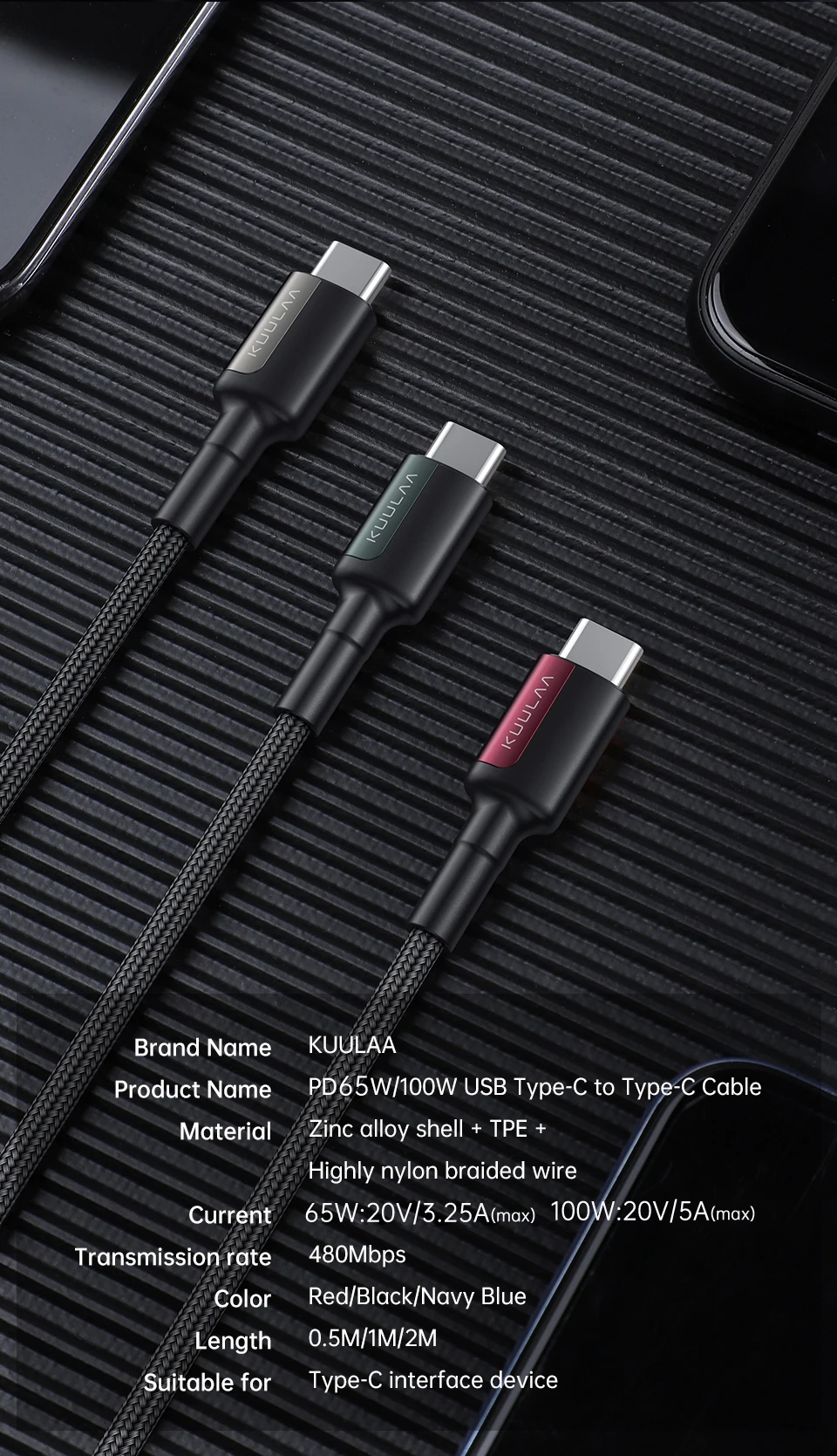 mobile phone cables KUULAA 100W USB C to USB Type C Cable USBC PD 5A Fast Charger Cord USB-C Type-c Cable for Samsung S20 MacBook iPad Huawei Xiaomi android charger cord