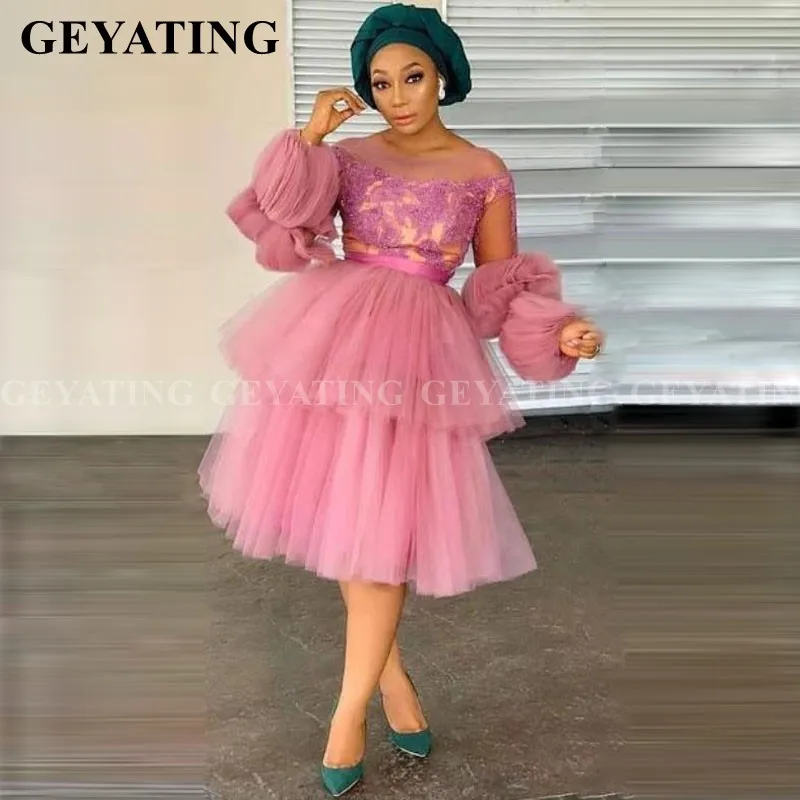 Нигерийское розовое Тюлевое бальное платье, короткие платья для выпускного вечера, длинные рукава, длина по колено, африканские вечерние платья для женщин, большие размеры, Aso Ebi