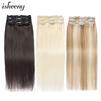 

Isheeny 16" 18" 20" 22" Clip In Human Hair Extensions Blonde Hair Pad 3pcs/set Brown Clips On Remy Hair Piece 60g-80g