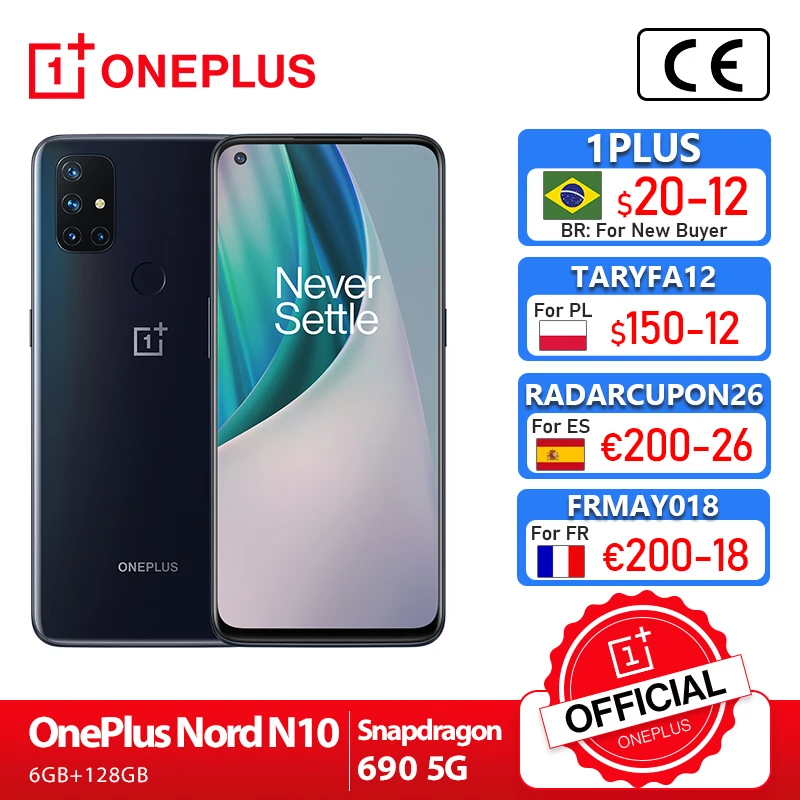 OnePlus Nord N10 5G teléfono móvil inteligente, celular con versión Global, 6GB RAM, 128GB rom, Snapdragon 690, pantalla de 90Hz, cámara de 64MP;código: RADARCUPON26 (200€-26€)05ESOW20(€150-20)