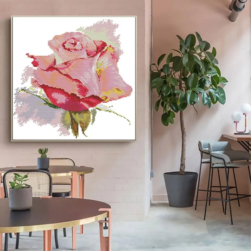 A pink rose cross stitch kit 14ct 11ct white cloth printed cloth handmade DIY needlework home embroidery decoration paintings