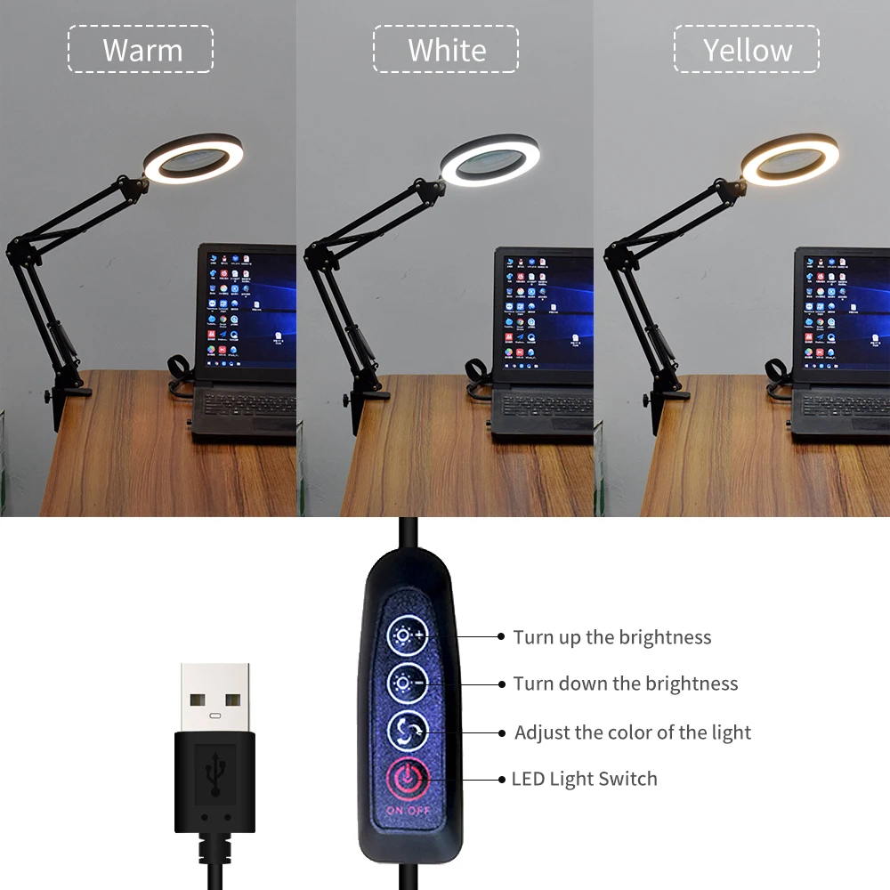 Гибкий стол большой/маленький 5X USB увеличительное стекло светодиоды 3 цвета освещенная лампа лупы Лупа чтения/переработы/пайки