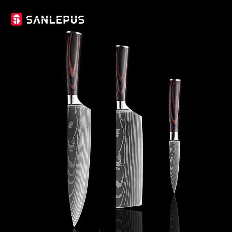 SANLEPUS Chef knife 3 PCS Set Kitchen Knives Laser Damascus Pattern Sharp Japanese Santoku Knife Cleaver Slicing Utility | Дом и сад