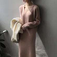 Shuangling V-colored skirt female 2021 winter new Korean version of the loose long knit dress GB096