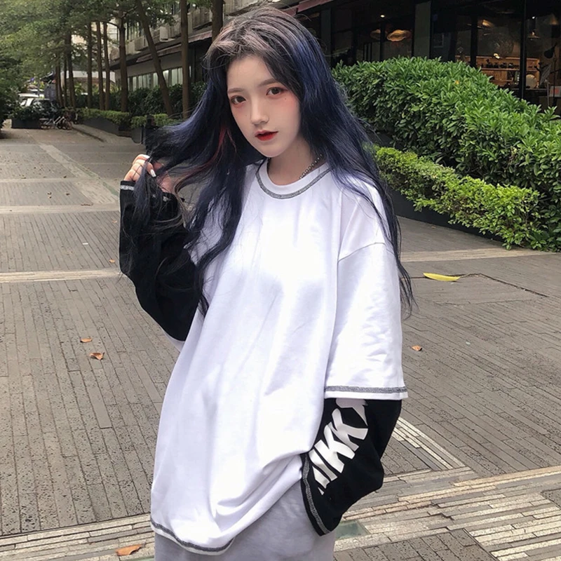 Белый Woherb Harajuku поддельные 2 шт. футболки женские топы с принтом букв лоскутное Корейский Modis свободные весна осень леди футболка - Цвет: Белый
