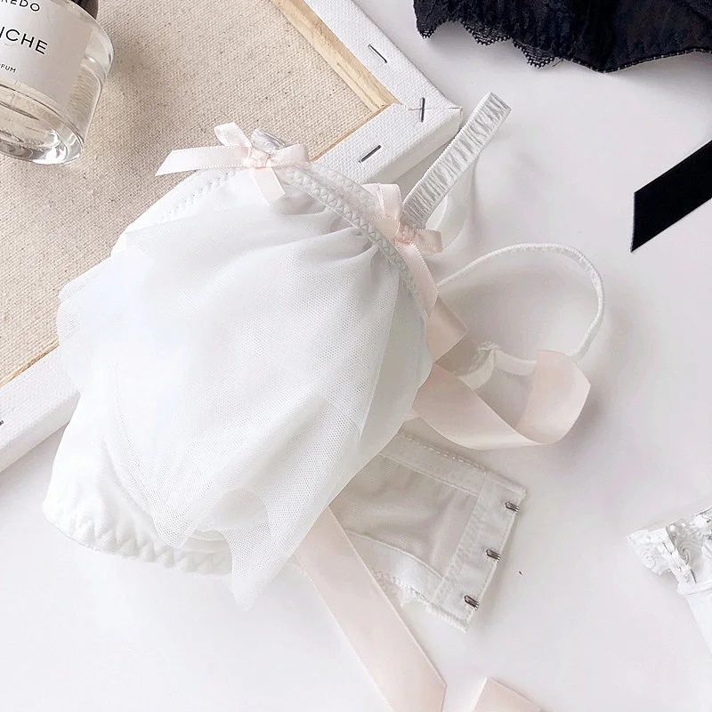 Wriufred Mesh Dream Fairy Gathered Bra and Panties Wire Free Lingerie Set Chiffon Teenage Bow Bralette Underwear Sets