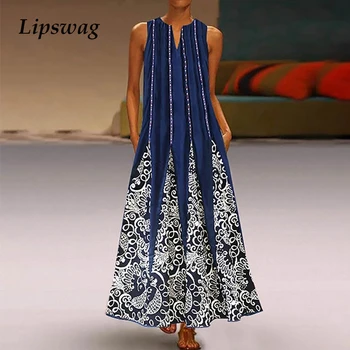 

2020 Sunflower Daisy Print Long Dress Sexy V Neck Sleeveless Party Dress Summer Retro Women Loose Beach Maxi Dress Vestidos 5XL