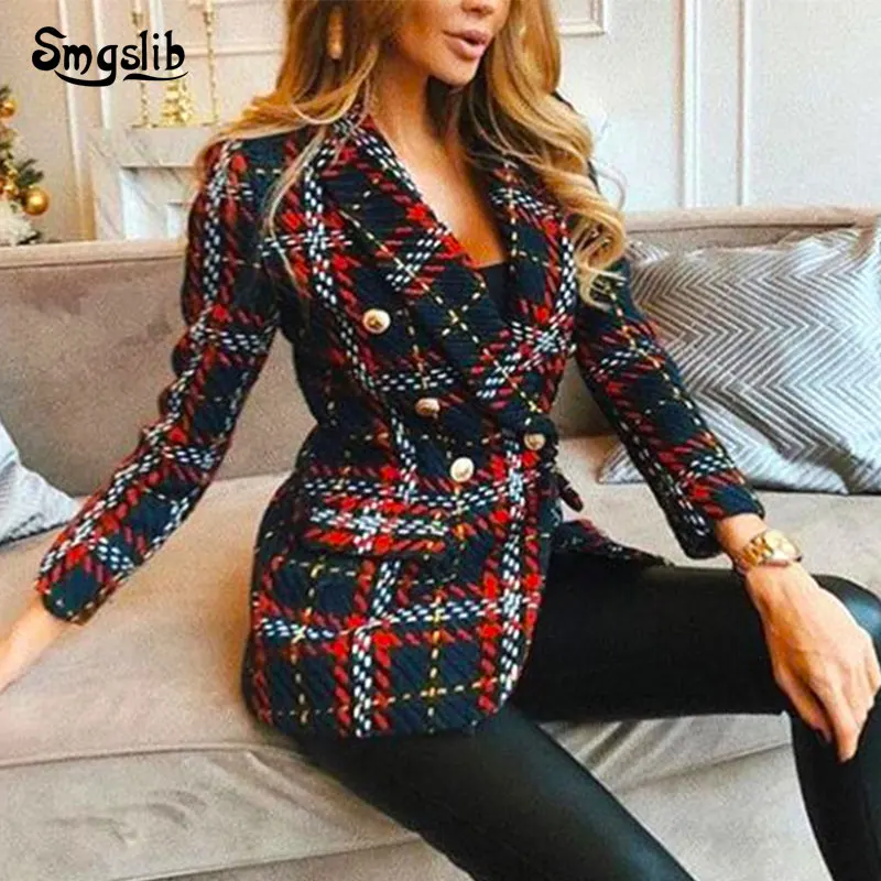 

2019 Red Plaid Blazer Women Spring-Autumn Vintage Tweed Suits Jackets Office Ladies v-neck slim tassel tops set coat