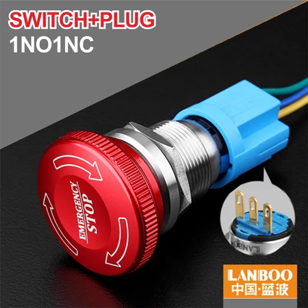 Button Plug 1NO1NC 19 мм 22 мм Выключатель без фиксации Гриб аварийная металлическая кнопка - Цвет: Button Plug 1NO1NC
