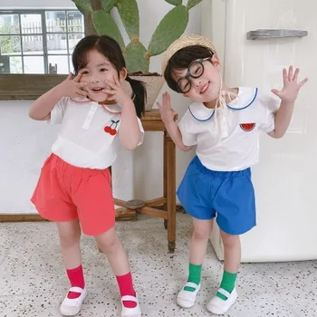 

Summer new children's clothing boys and girls baby cotton fruit embroidery suit doll collar short sleeve shorts two-piece suit