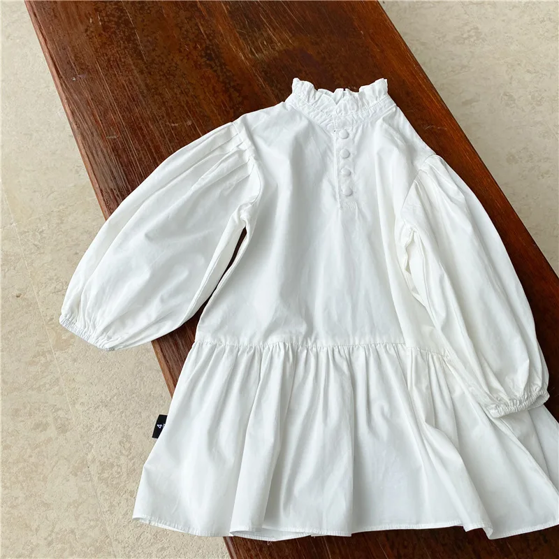 New 2021 Spring Baby Girls White Dress Puff Sleeve Solid Color Ruffles Korean Style Kids Casual Dresses | Детская одежда и обувь