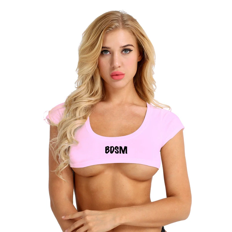Розовый отрезать футболка микро Топ укороченный женщина сексуальная пиковая королева рабыня slut БДСМ TH88