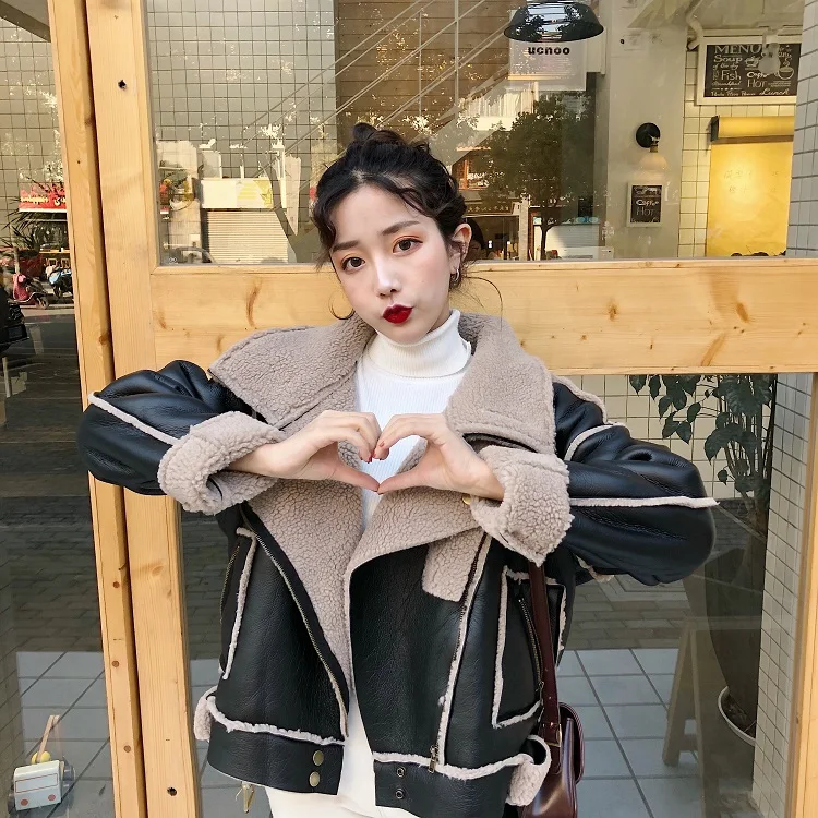 Lapel Zipper Pocket Loose Faux Fur Lambswool Warm Pu Leather Belt Sashes Jacket Loose Coat Women Windbreaker Streetwear Harajuku