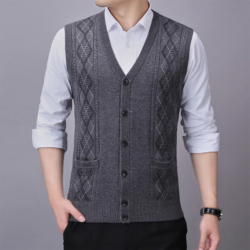 Sweater Vest Men 2021 New Fashion Elderly Wool Vest Mens Cardigan Jacquard Sweater Thick Sweater Vest Mens Clothing