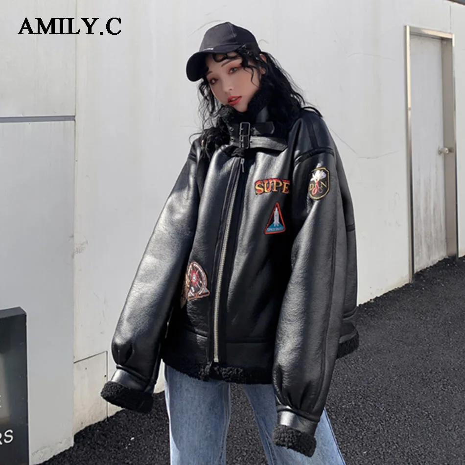 Женская зимняя куртка Amily.c из овечьей шерсти толстая мотоциклетная куртка-бомбер