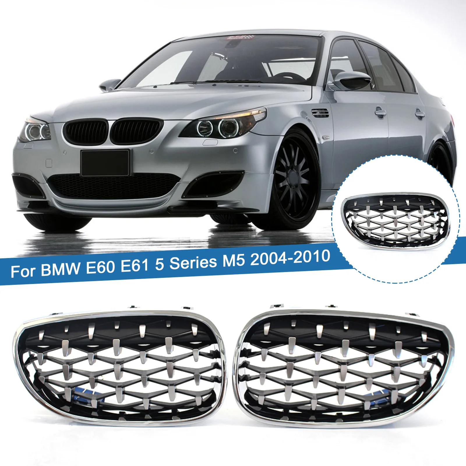 

Chrome Silver Car Front Bumper Kidney Grilles Diamond Style Grills Replacement For BMW 5 Series E60 E61 535I 550I M5 2003-2010