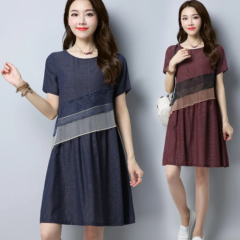 

Maternity Clothes Summer Wear New Style Root Yarn Joint Striped Dress Women's Summer Korean-style Loose Short Sleeve Mid-length