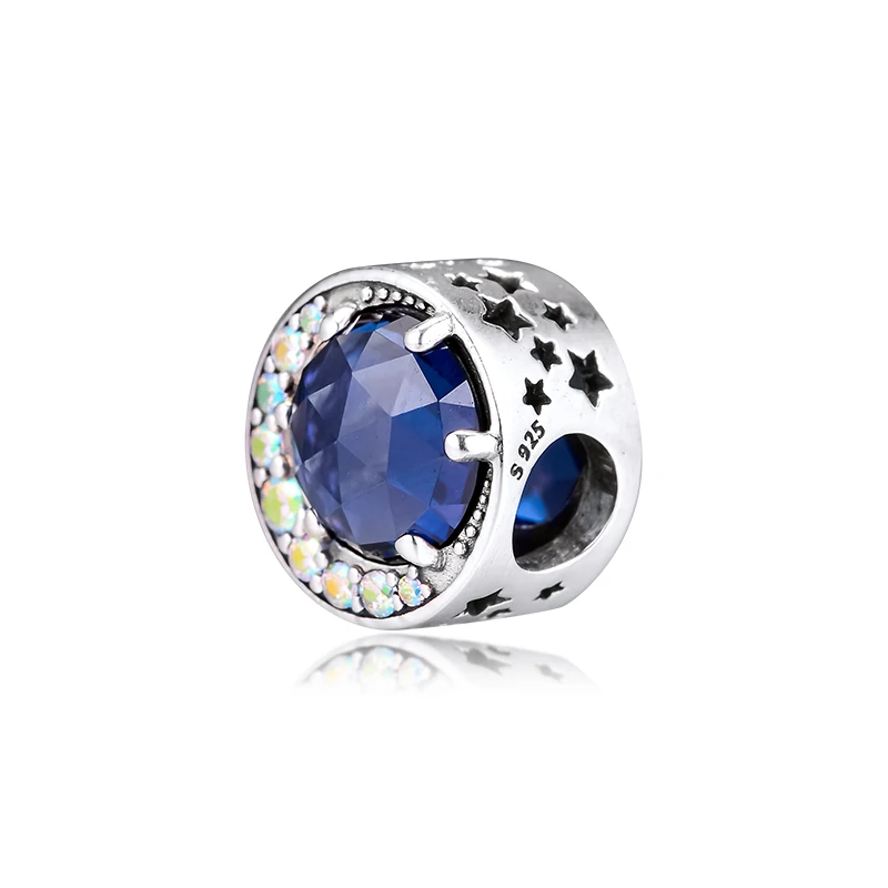 Подлинные 925 пробы Серебряные Оригинальные бусины Подвески подходят Pandora Браслеты Луна и ночь Небесно-Голубой Кристалл Шарм для женщин подарок kralen