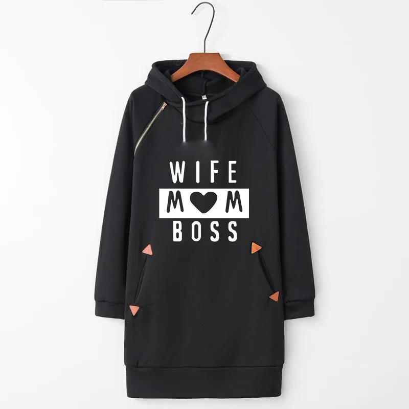 WIFE MOM BOSS Printed Thicken Funny Loose Kawaii Cartoon 2019 Autumn Women Fashion Hoodies Long Sweatshirt Dresses Pullover Top | Женская
