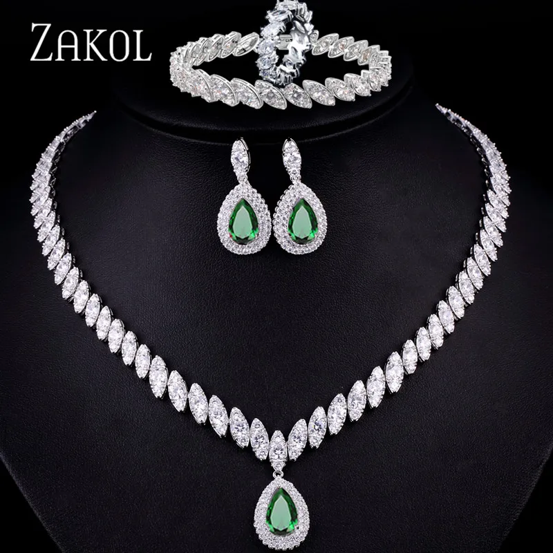ZAKOL 4 шт. Блестящий кубический циркон ожерелье серьги кольцо и браслет свадебные ювелирные наборы Аксессуары для платья FSSP3147