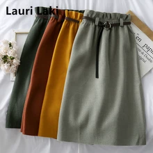 Юбка с высокой талией, Женская длинная теплая юбка размера плюс, однотонная элегантная винтажная Осенняя Весенняя, Женская юбка с поясом черного цвета