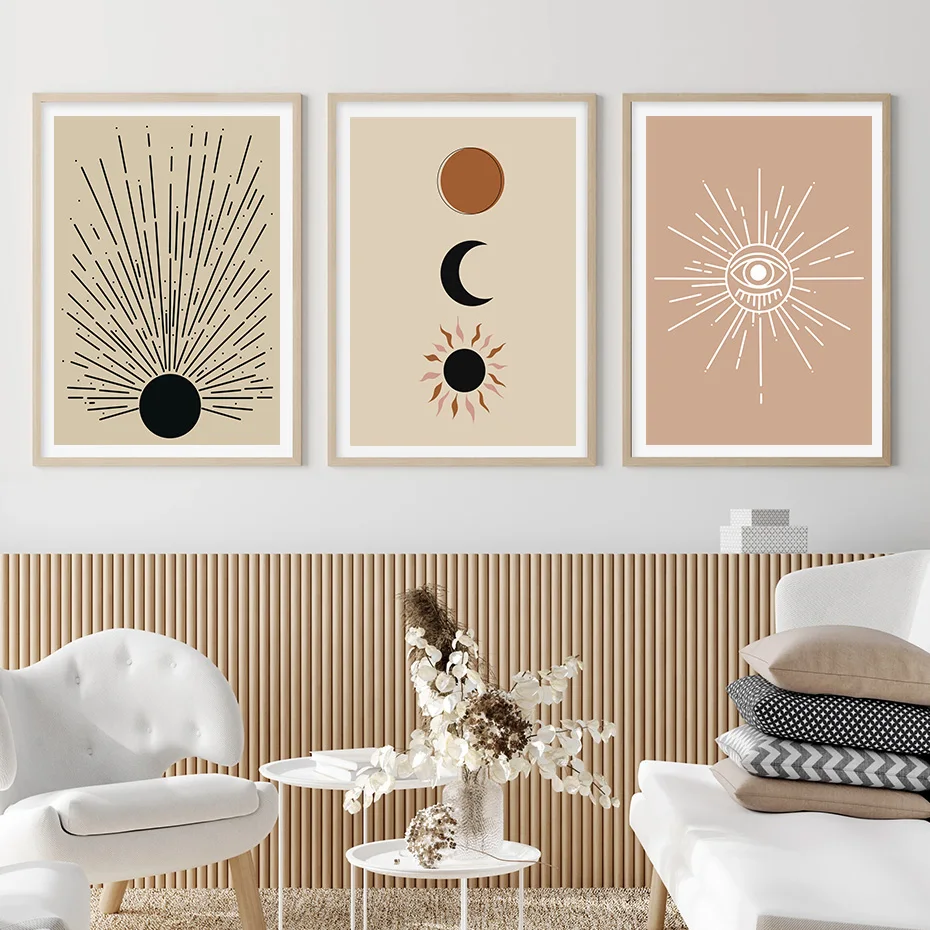 Trendy Sun and Moon Boho Abstract Landscape Wall Art Canvas Poster Painting Print Pictures for Living Room Interior Home Decor