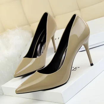 

Korean OL Shoes Simple Sexy Skinny High Heel Women's Shoes 9cm Fine Heel Pumps Paint Skin Shallow Mouth Tip Mary Jane Shoes
