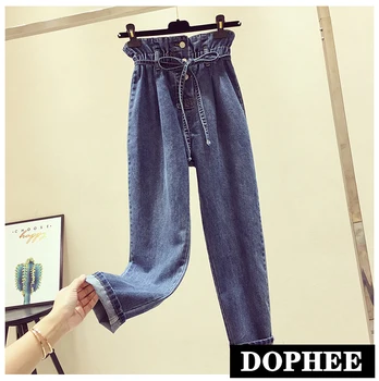 

High Waist Blue Jeans Trousers Bf Wind Spring and Autumn Female Large Size Denim Pants High Waist Women Loose Straight Trousers