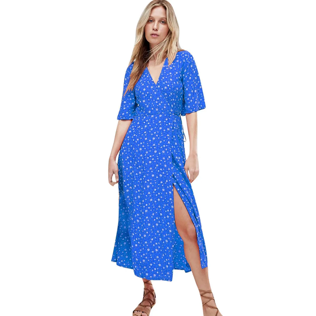 Элегантное платье в горошек, boho, женское летнее платье миди, сексуальное, v-образный вырез, на бретелях, на пуговицах, ТРАПЕЦИЕВИДНОЕ ПЛАТЬЕ, женское пляжное платье с принтом, vestidos robe