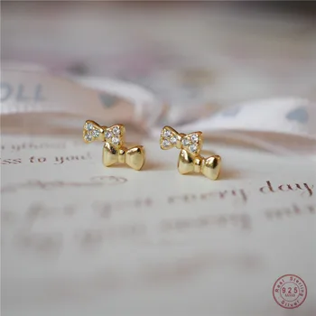925 Sterling Silver Simple Bow Stud Earrings Women Pavé Crystal Sweet Romantic Goddess 14K Gold Plating Jewelry Accessories Gift