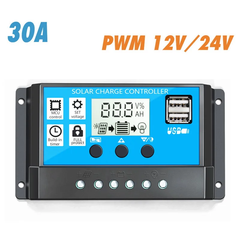 Black Blue 30A 10/20/30A 12 V/24 V Авто за максимальной точкой мощности, Солнечный контроллер заряда PWM 5V Панели солнечные Батарея контроллер с двойным USB ЖК-дисплей Дисплей - Цвет: Black Blue 30A