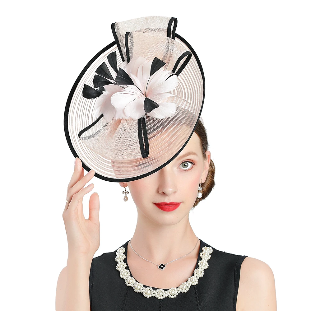 

Women Fedora Hats Church Kentucky Derby Hat Pink Fascinator Linen Feather Hat Bridal Banquet Cap British Tea Party Wedding Hats