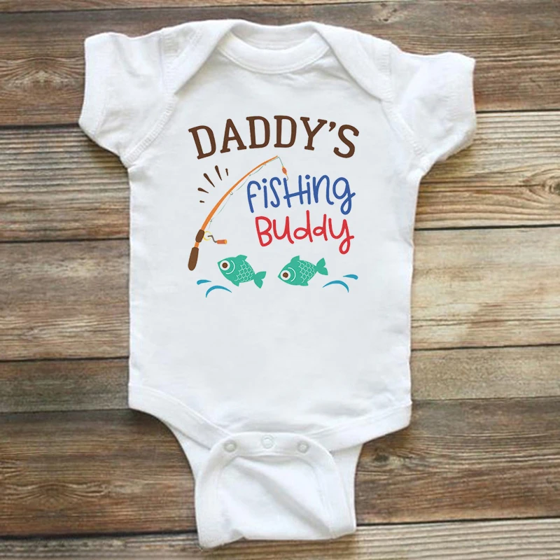 Cotton Newborn Baby Boy Girl Short Sleeve Romper Letter Print Daddy's Fishing Buddy Romper Outfits Summer Baby Clothes White 4