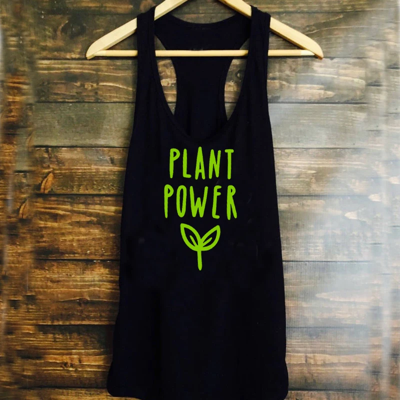 Женские летние модные топы без рукавов с надписью «Plant power», повседневные хлопковые рубашки с графическим принтом, жилеты, футболки для веганов, Прямая поставка