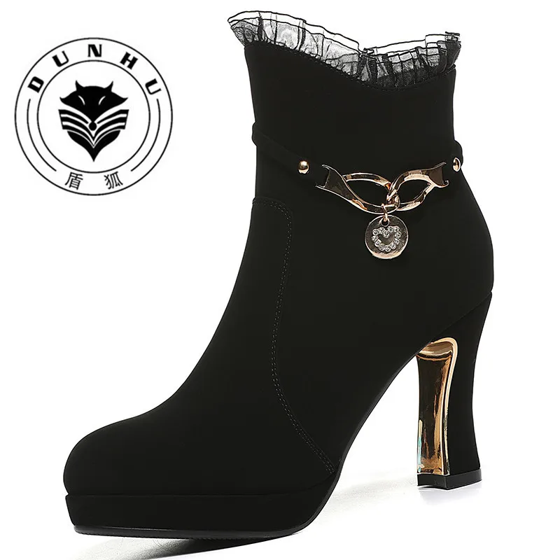 

Dunhu 2019 Winter New Style Pointed-Toe Thin Heeled Leather Boot Side Zipper Casual Short Boots Waterproof Platform WOMEN'S Shoe